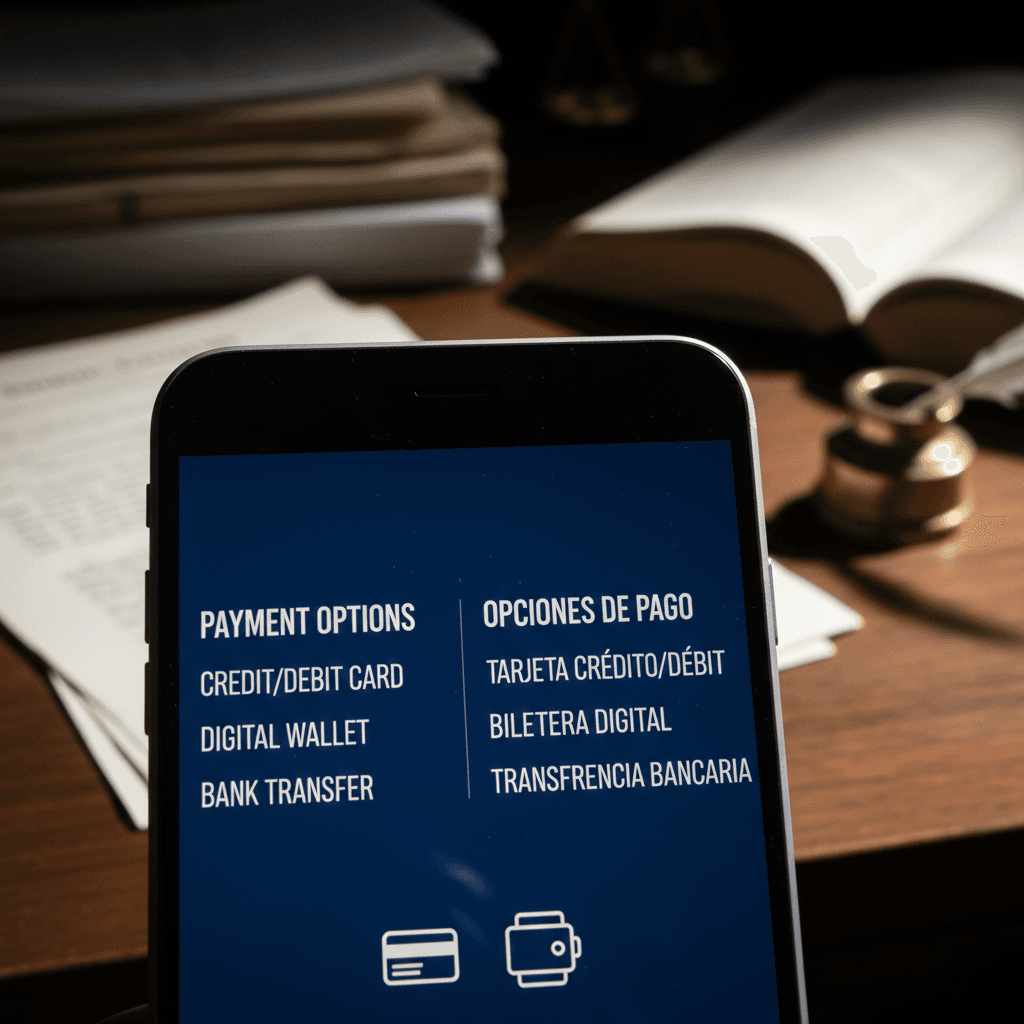 Payment platform interface showing English and Spanish language options